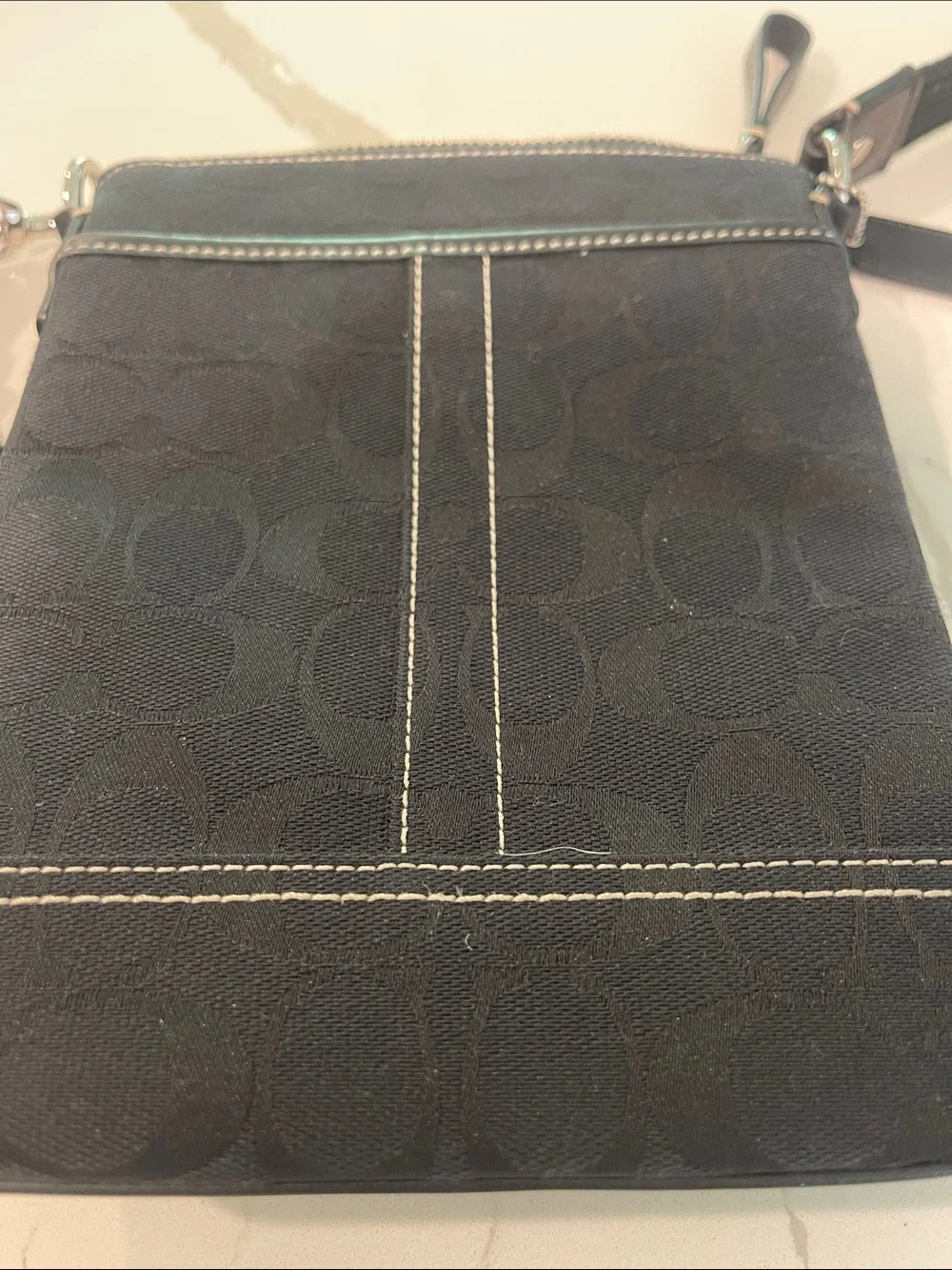 Coach Black Crossbody Messenger Bag with White Stitching